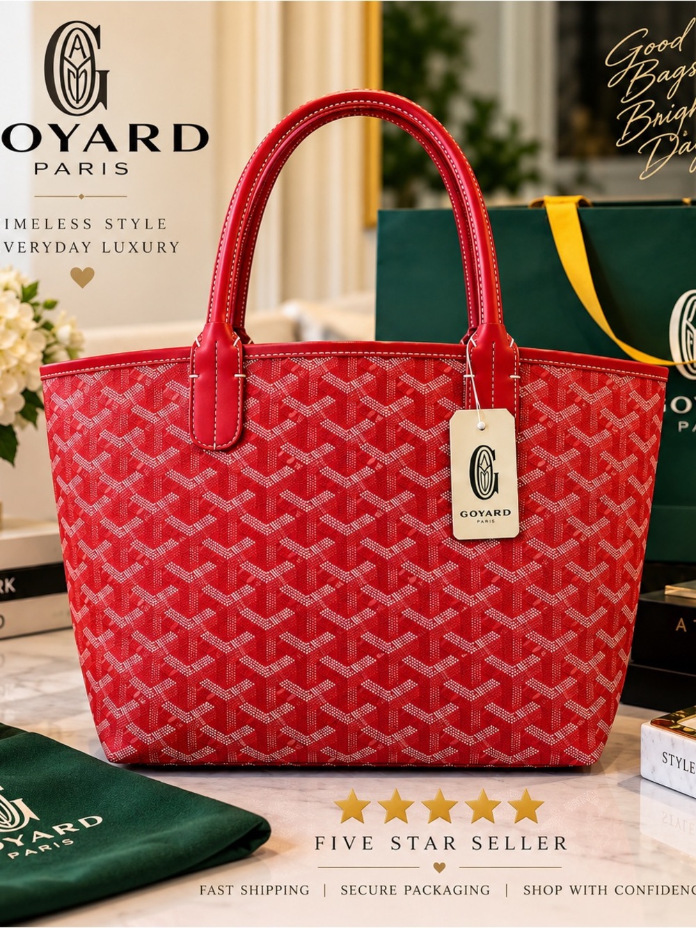 Goyard Red Chevron Goyardine Tote